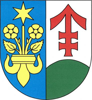 V modro - stříbrně polceném štítě, vpravo z dolní poloviny lilie vyrůstající dvě odkloněné růže na stoncích s listem a trnem, mezi nimi na hůlce hvězda, vše zlaté, vlevo nad zeleným vrchem červená střela s dvojitým křížem. Znak Záchlumí