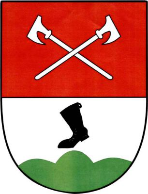 V červeno-stříbrně děleném štítě nahoře dva zkřížené stříbrné čakany, dole nad zeleným trojvrším kosmá černá holinka s poutkem. Znak Zadní Chodov