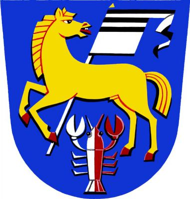V modrém štítě zlatý odvrácený kůň s červenou zbrojí přidržující stříbrný praporec s ocasem nahoře s třemi černými pruhy. Pod ním stříbrno-červeně polcený rak. Znak Zádveřice-Raková