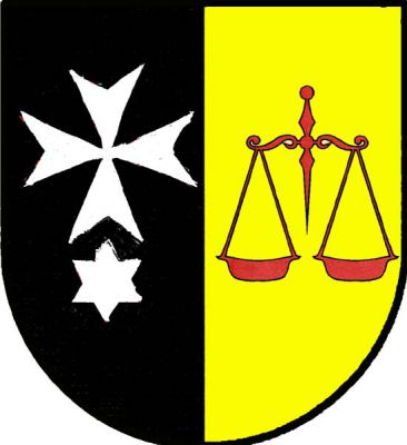 V černo-zlatě polceném štítě vpravo osmihrotý kříž nad hvězdou, obojí stříbrné, vlevo červené miskové váhy. Znak Záhoří