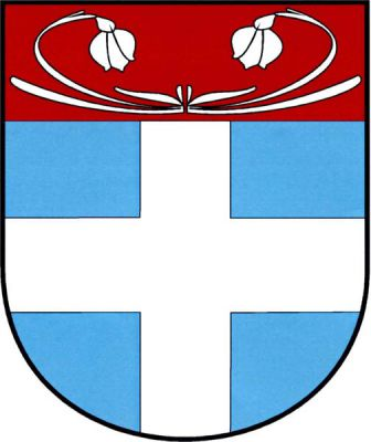 V modrém štítě pod červenou hlavou stříbrný heroldský kříž. V hlavě dvě do oblouku přivrácené stříbrné bledule s listy. Znak Zahrádky