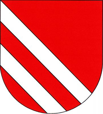 V červeném štítě od poloviny dvě stříbrná kosmá břevna. Znak Žákava