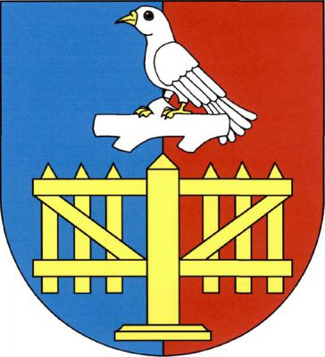 V modro-červeně polceném štítě nad zlatým šraňkem stříbrný holub se zlatou zbrojí stojící na stříbrné ostrvi. Znak Zalešany