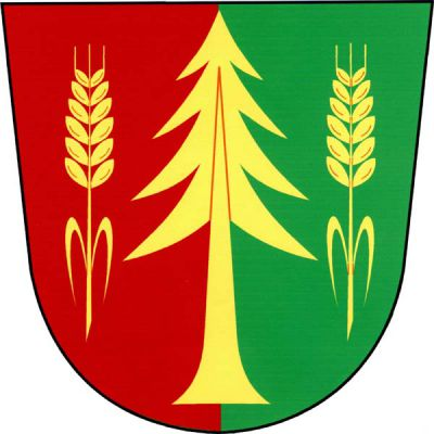 V červeno-zeleně polceném štítě smrk provázený dvěma obilnými klasy s listy, vše zlaté. Znak Zálesí