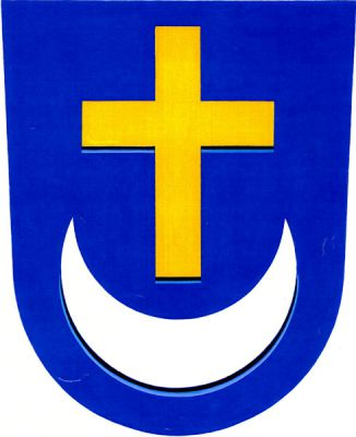 V modrém štítě zlatý latinský kříž nad stříbrným stoupajícím půlměsícem. Znak Žalkovice