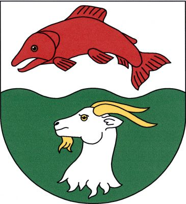 Ve stříbrno-zeleně vlnitě děleném štítě nahoře červený do oblouku nahoru prohnutý losos, dole stříbrná kozlí hlava s krkem se zlatými rohy a bradkou. Znak Záluží
