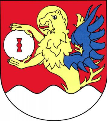 V červeném štítě ze stříbrné vlnité paty vyrůstající zlatý lev s modrými křídly, zlatým nimbem a červeným jazykem, držící stříbrný žernov se svislým otvorem pro kypřici. Znak Záměl