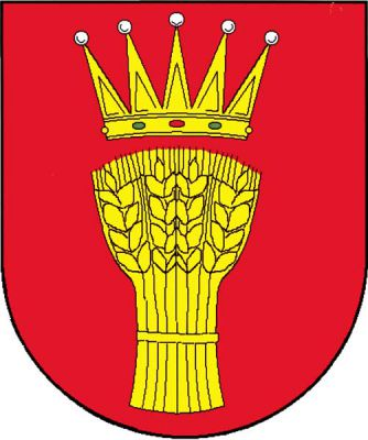 V červeném štítě postavený pšeničný snop převýšený rytířskou korunou. Znak Zámrsk