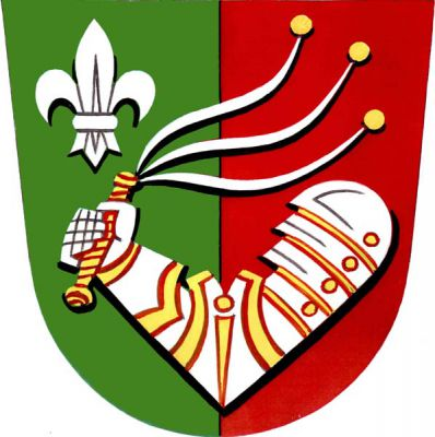 V zeleno-červeně polceném štítě stříbrné, zlatě zdobené obrněné rameno držící důtky se zlatou rukojetí, třemi stříbrnými řemeny zakončenými zlatými kuličkami, provázené vpravo nahoře stříbrnou lilií. Znak Zámrsky