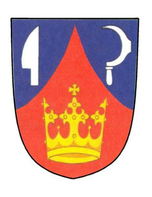 V modrém štítě červený vydutý hrot se zlatou listovou korunou s křížem na vrcholu, vpravo vztyčené krojidlo, vlevo kosíř, obojí stříbrné. Znak Žarošice