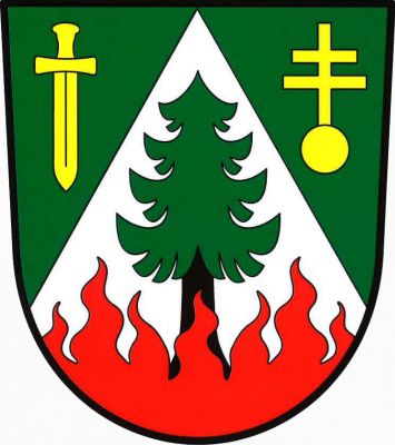V zeleném štítě stříbrný hrot provázený vpravo postaveným mečem a vlevo patriarším křížem na kotouči, vše zlaté. V hrotu zelený smrk s černým kmenem vyrůstajícím z červených plamenů. Znak Žárovná
