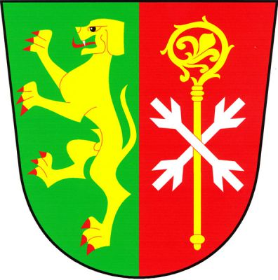 V zeleno-červeně polceném štítě vpravo zlatý pes ve skoku s červenou zbrojí, vlevo zlatá berla mezi zkříženými stříbrnými ostrvemi se čtyřmi (2+2) odvrácenými suky. Znak Zásada