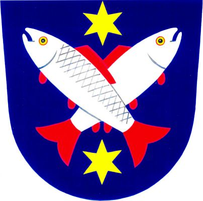 V modrém štítě dvě křížem přeložené stříbrné ryby s červenými ploutvemi a ocasy, provázené nahoře a dole zlatou hvězdou. Znak Žatčany
