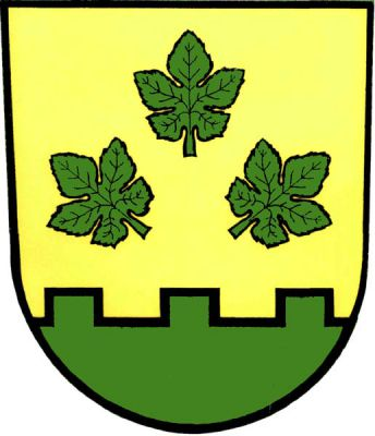 Ve zlatém štítě nad zelenou hradbou o třech stínkách tři (1,2) zelené vinné listy. Znak Závada