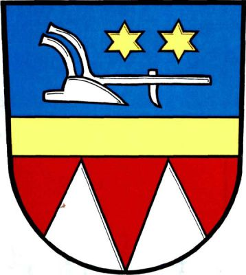 Zlatým břevnem modro-červeně dělený štít, nahoře stříbrný pluh bez kol obrácený doleva, nad ním dvě zlaté hvězdy, dole dva stříbrné kužely. Znak Závišice