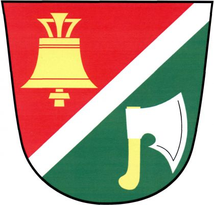 V červeno - zeleně šikmým zúženým stříbrným břevnem děleném štítě nahoře zlatý zvon, dole doleva obrácená stříbrná sekera - širočina na zlatém topůrku. Znak Závist