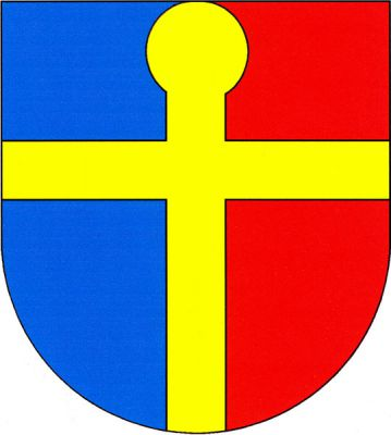 V modro-červeně polceném štítě zlatý heroldský latinský kříž s horním ramenem zakončeným kotoučem. Znak Zbuzany