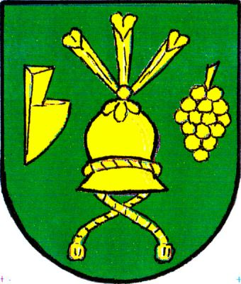 V zeleném štítě klobouk se třemi pavími pery a rozvázaným šňůrovým podbradníkem, provázený vpravo radlicí a vlevo vinným hroznem, vše zlaté. Znak Zbýšov