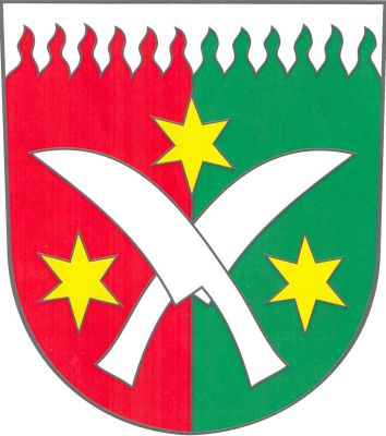 V červeno - zeleně polceném štítě pod stříbrnou plamennou hlavou zkřížená stříbrná krojidla provázená třemi (1, 2) zlatými hvězdami. Znak Žďár