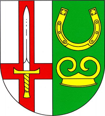 Ve stříbrno-zeleně polceném štítě vpravo červený svatopetrský kříž do krajů se vztyčeným stříbrným mečem se zlatým jílcem, vlevo nahoru otevřená podkova nad křesací ocílkou, obojí zlaté. Znak Zdechovice
