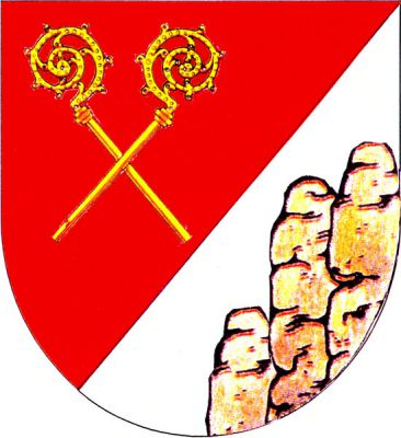 V červeno-stříbrně šikmo děleném štítě nahoře zkřížené zlaté berly, dole vyrůstající pískovcové skály přirozené barvy. Znak Zderaz