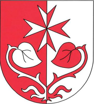 V červeno-stříbrně polceném štítě maltézský kříž nad lekny, obojí opačných barev. Znak Zdětín