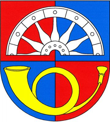 V červeno-modře čtvrceném štítě horní polovina stříbrného vozového kola nad zlatou poštovní trubkou. Znak Zdiby