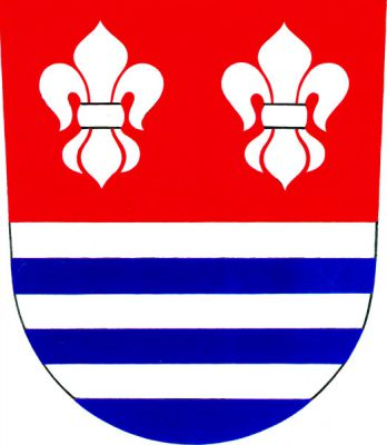 Dělený štít, v horním červeném poli dvě stříbrné lilie, dolní pole pětkrát stříbrno-modře dělené. Znak Zdice
