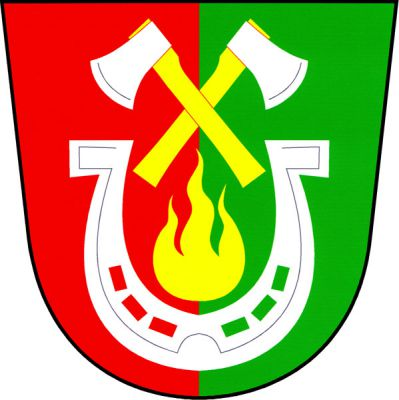 V červeno-zeleně polceném štítě stříbrná obrácená podkova, uvnitř zlatý oheň se třemi plameny převýšený zkříženými stříbrnými sekerami se zlatými topůrky. Znak Ždírec