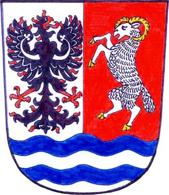 Ve stříbrno-červeně polceném štítě nad třikrát modro-stříbrně vlnitou patou vpravo černá plamenná orlice s červenou zbrojí a stříbrným jetelovitě zakončeným perizoniem. Vlevo vzpřímený stříbrný beran se zlatou zbrojí. Znak Ždírec