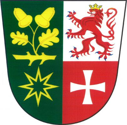 Polcený štít; v pravém zeleném poli položená osekaná větev, z níž vyrůstá větévka se dvěma žaludy nad dvěma dubovými listy, pod větví prázdná osmihrotá hvězda, vše zlaté. Levé pole stříbrno-červeně dělené, nahoře červený korunovaný lev s modrou zbrojí, dole stříbrný tlapatý kříž. Znak Zdobín
