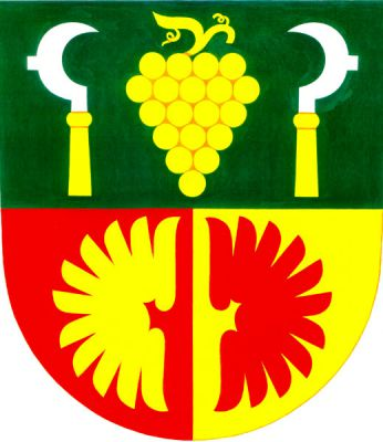 Dělený štít. V horní zelené polovině zlatý vinný hrozen mezi dvěma stříbrnými vinařskými noži se zlatými střenkami. Spodní polovina červeno-zlatě polcená s křídly opačných barev. Znak Zdounky