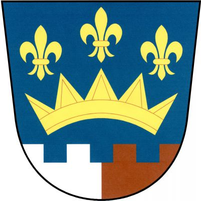 V modrém štítě nad stříbrno - červeně polcenou cimbuřovou patou pohanská koruna převýšená třemi liliemi (1, 2), vše zlaté. Znak Zduchovice