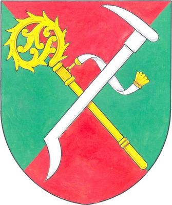 V červeno-zeleně kosmo čtvrceném štítě kosmá zlatá berla se stříbrným sudariem šikmo přeložená stříbrnou otkou. Znak Želechovice