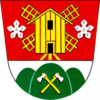 Červeno-stříbrně sníženě dělený štít, nahoře zlatý větrný mlýn provázený dvěma hermelínovými pětilistými květy, dole v zeleném trojvrší dvě zkřížené stříbrné sekery na zlatých topůrkách. Znak Zelená Hora