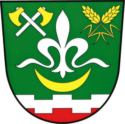 V zeleném štítě nad červenou patou oddělenou stříbrným cimbuřovým břevnem stříbrná lilie nad zlatým stoupajícím půlměsícem, provázená nahoře vpravo zkříženými zlatými sekerami na stříbrných topůrkách a vlevo zkříženými zlatými obilnými klasy, každý se dvěma s listy. Znak Železná