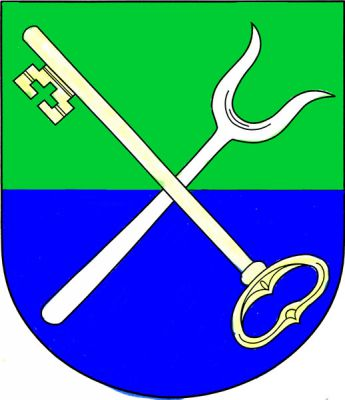 V zeleno-modře děleném štítě šikmo položené stříbrné vidle-podávky kosmo přeložené zlatým vztyčeným klíčem zuby dolů. Znak Želiv