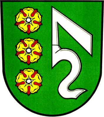 V zeleném štítě vpravo pod sebou tři zlaté růže se stříbrnými semeníky a červenými kališními lístky, vlevo půl stříbrné zavinuté střely. Znak Ženklava