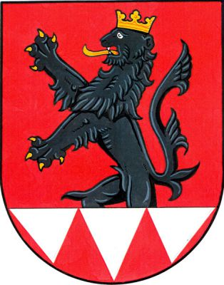 V červeném štítě černý korunovaný lev se zlatou zbrojí a jazykem, vyskakující ze tří dolů obrácených kuželů. Znak Žerotín