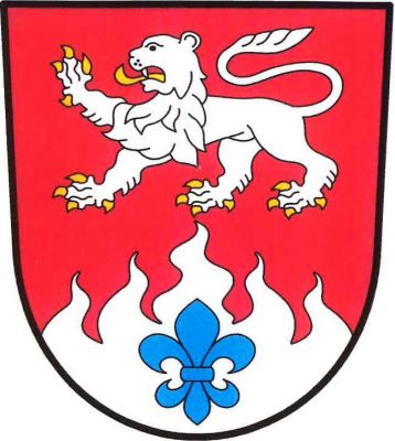 V červeném štítě kráčející stříbrný lev se zlatou zbrojí nad sníženým stříbrným plamenným hrotem s pěti plameny, v něm modrá lilie. Znak Zhoř