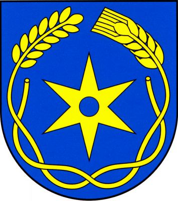 V modrém štítě ostruhové kolečko obtočené dvěma propletenými klasy, pravým pšeničným, levým žitným, vše zlaté. Znak Zichovec
