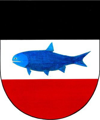 V černo-bílo-červeně děleném štítě uprostřed modrá pravěká ryba Acrolepis gigas. Znak Žilov