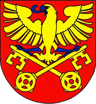 V červeném štítě zlatá orlice s modrou zbrojí stojící na zkřížených vztyčených zlatých klíčích. Znak Žitenice