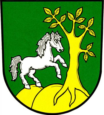 V zeleném štítě na zlatém dvojvrší stříbrný kůň ve skoku obrácený doleva ke zlatému listnatému stromu. Znak Životice u Nového Jičína
