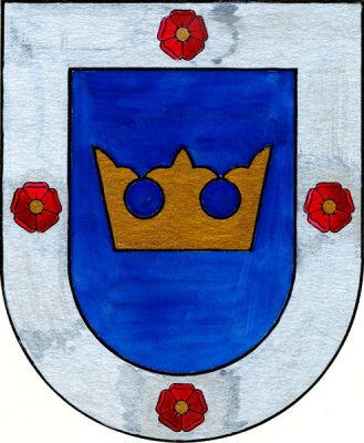 V modrém štítě se stříbrným lemem zlatá koruna se třemi viditelnými listy. V lemu jsou umístěny do kříže čtyři červené růže se zlatými semeníky. Znak Zlatá Koruna