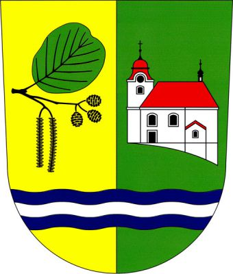 Ve zlato-zeleně polceném štítě dole stříbrné modře-lemované vlnité břevno. Vpravo doleva položená černá olšová větévka se dvěma jehnědami, třemi šiškami a nahoře zeleným listem. Vlevo stříbrný kostel vpravo s věží, se dvěma černými okny nad sebou, obloukovým a kulatým, červenou bání zakončenou černým křížkem. Loď se sakristií, dveřmi a třemi obloukovými okny, vše černé, s červenou valbovou střechou zakončenou černým sanktusníkem. Znak Zlatá Olešnice
