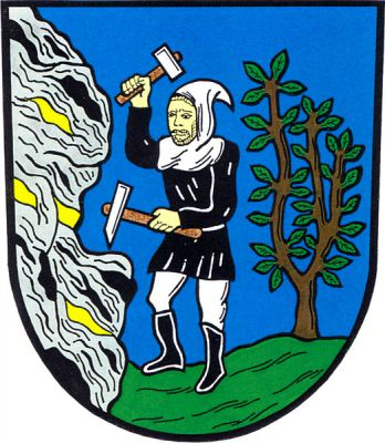 V modrém štítě na zeleném trávníku horník v černém šatě a botách, stříbrných kalhotách a ve stříbrné kukle, dobývající zlato ze skály přirozené barvy. Vlevo listnatý strom přirozené barvy. Znak Zlaté Hory