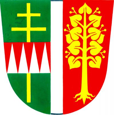 Zeleno-červeně stříbrným kůlem polcený štít, vpravo zlatý patriarší kříž přeložený červeným břevnem se čtyřmi stříbrnými kužely, vlevo zlatá vykořeněná lípa. Znak Zlobice