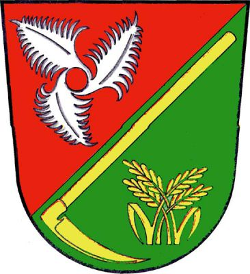 V červeno - zeleně šikmo děleném štítě vpravo stříbrné trojpeří do kruhu, vlevo šikmo položená kosa, hrotem doleva, vlevo provázená čtyřmi mřežovitě propletenými obilnými klasy se dvěma listy po stranách, vše zlaté. Znak Zvíkov