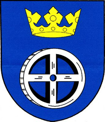 V modrém štítě stříbrné mlýnské kolo převýšené zlatou korunou. Znak Zvole